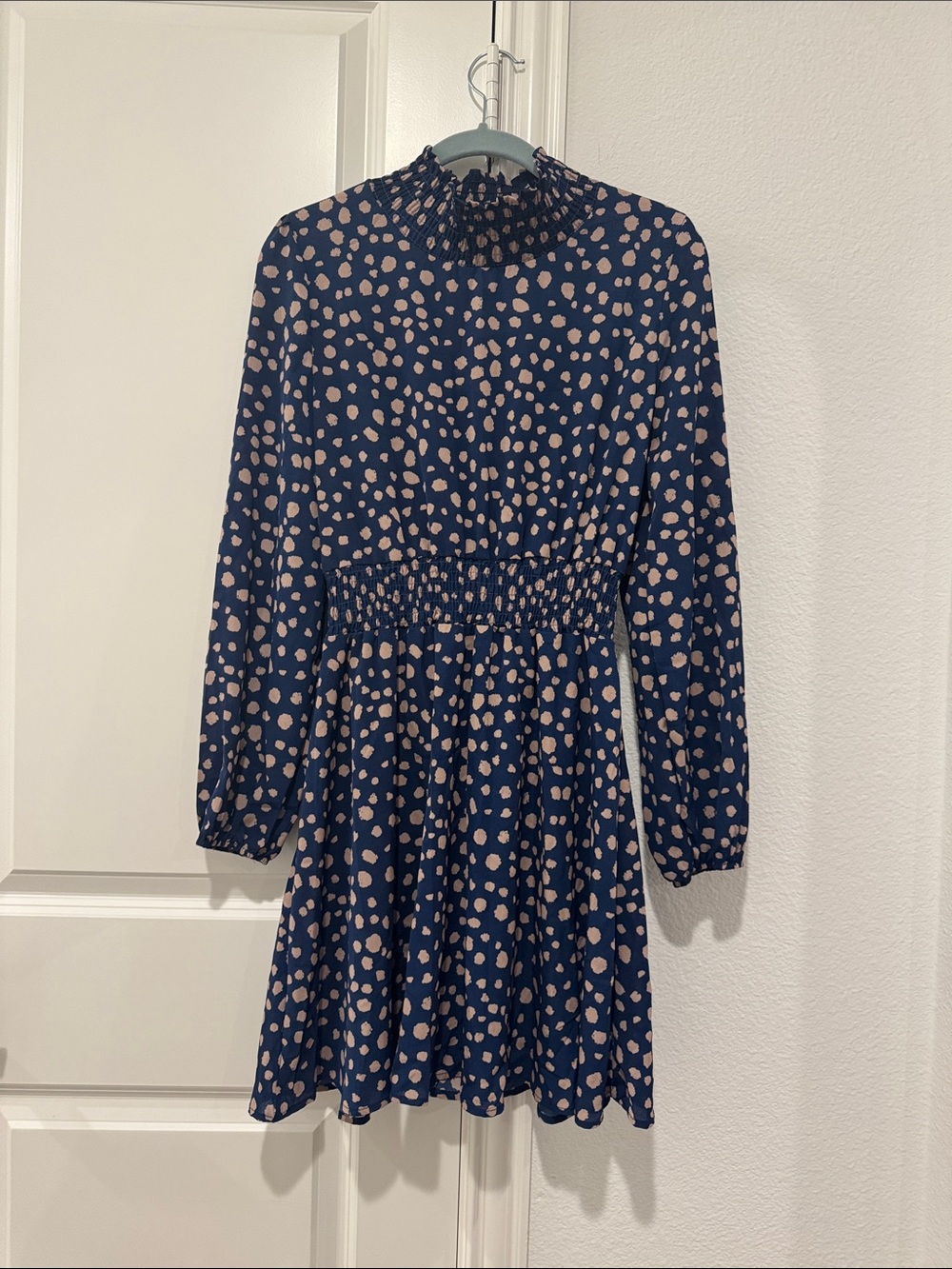 Smocked Waist Navy Long-Sleeve Polka Dot Dress in Navy and Tan